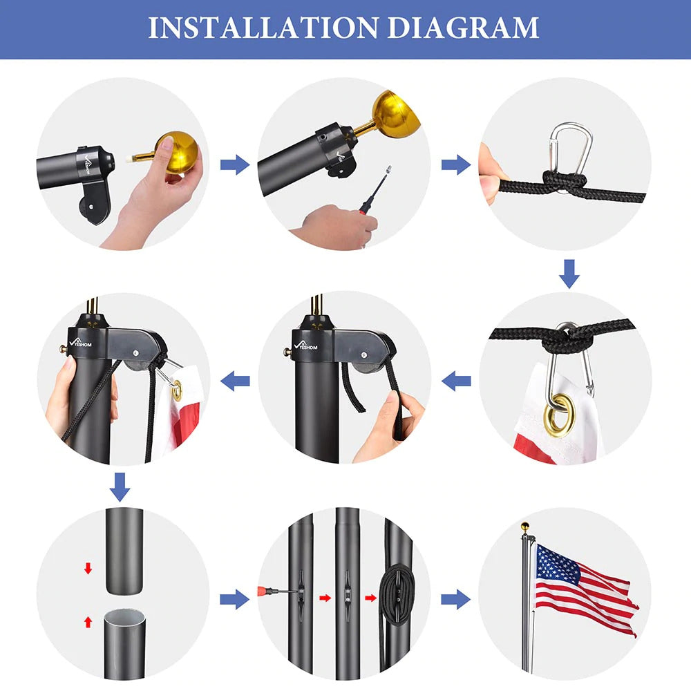 The Senator flagpole + Premium Solar lamp + EMB USA Flag + Eagle & Ball Topper