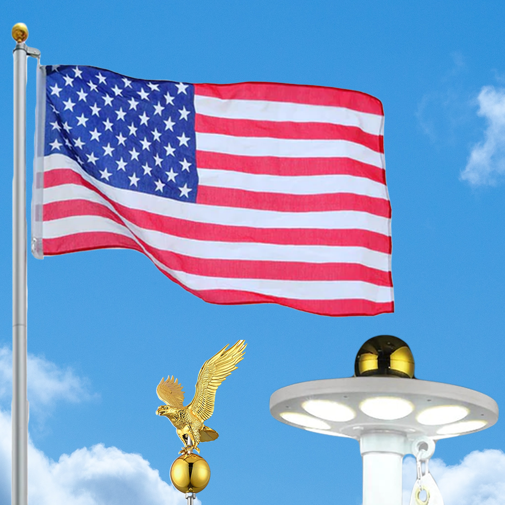The Senator flagpole + Premium Solar lamp + EMB USA Flag + Eagle & Ball Topper