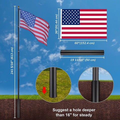 Bundle: Black Telescoping Flagpole + Solar lamp + USA Flag