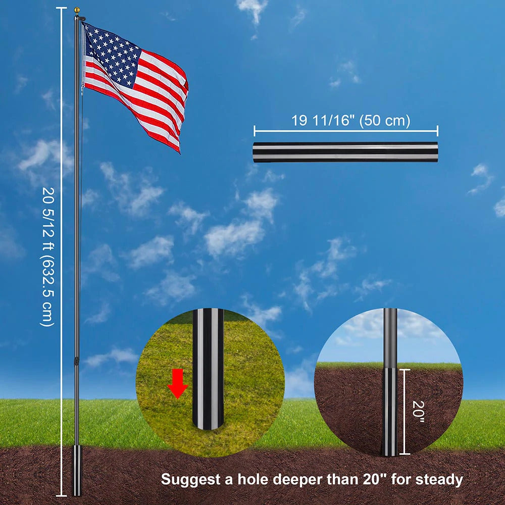 Black Sectional Flagpole + Solar lamp + USA Flag