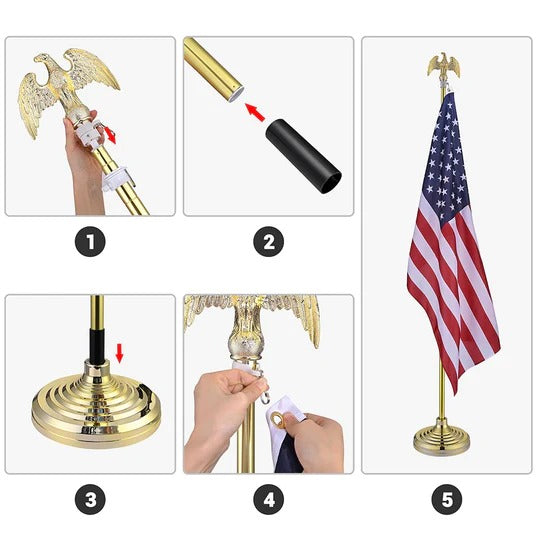 Bundle: 8ft Indoor Flagpole with Stand + Gold Ball + USA Flag
