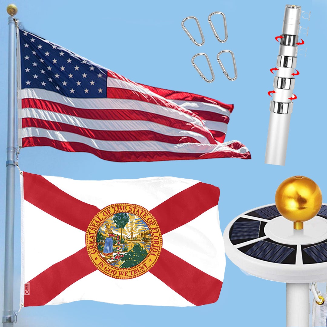 FLORIDA BUNDLE: 20ft Telescoping Flagpole + Solar lamp + USA & Florida Flag