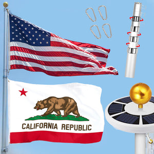 CALIFORNIA BUNDLE: 30ft Telescoping Flagpole + Solar lamp + USA & California Flag