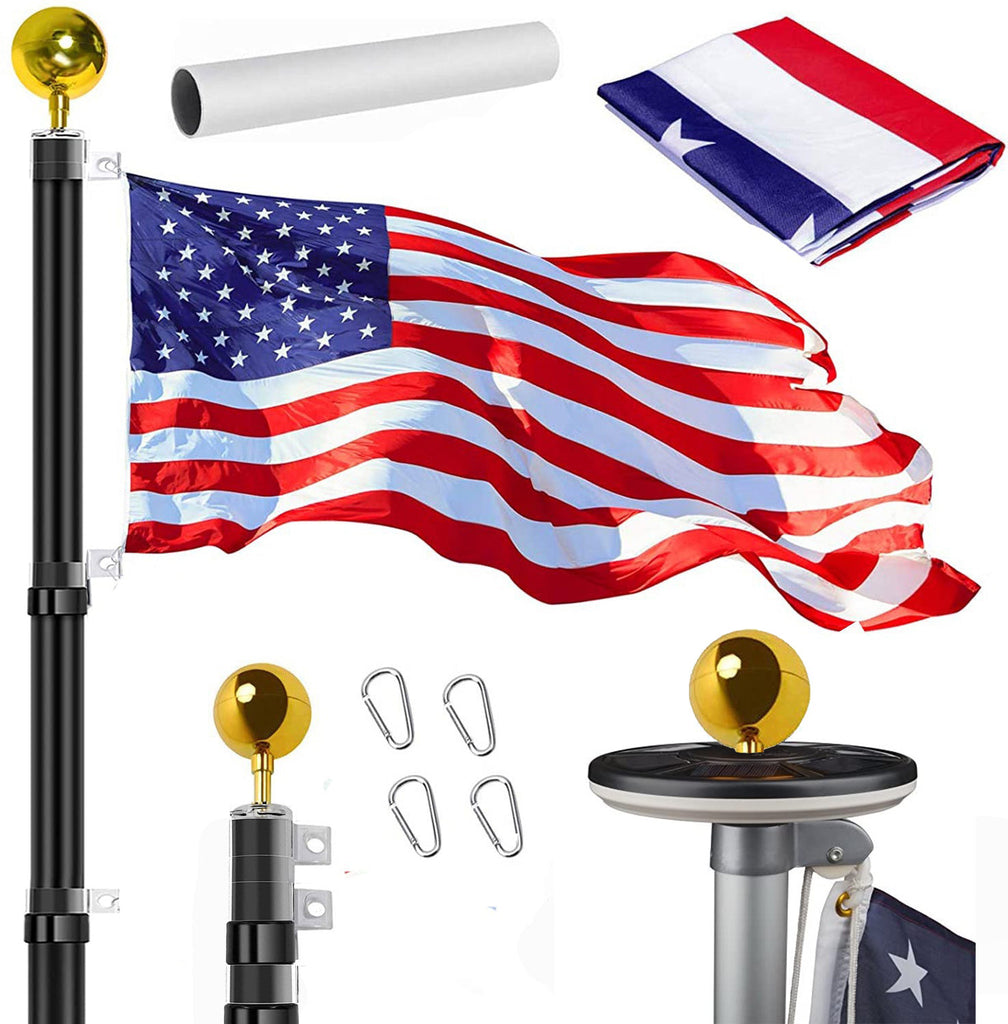 CHRISTMAS BUNDLE: Black Telescoping Flagpole Bundle: Flagpole + Black Solar lamp + USA Flag + Black Eagle Topper