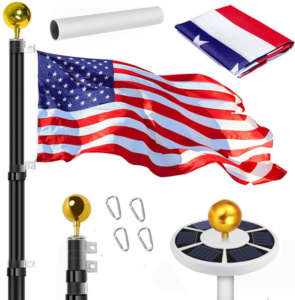 Bundle: Black Telescoping Flagpole + Solar lamp + USA Flag